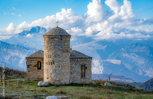 Matlas Mosque on the background of mountains. Matlas plateau, Khunzakh district, Dagestan. Russia