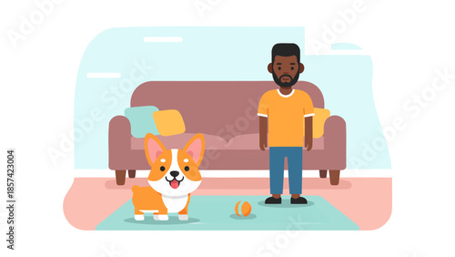 Man playing with corgi on a rug in a living room with a couch and toys around