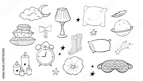 Sleep set cute hand drawn night symbols doodle. Pillow line bedroom relax, sleeping mask, stars and moon. Warm cozy clothes, socks. Sleepy mood, 