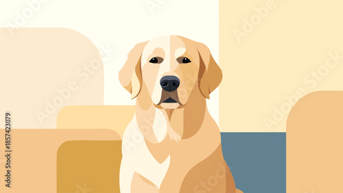 A happy dog sitting comfortably in a modern living room, surrounded by minimalist decor, in a vector illustration style.