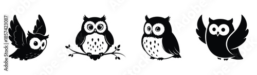 Illustrations of owls in different poses and flight on a white background