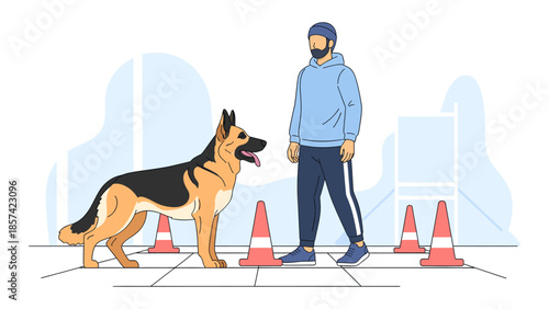 Man training his German Shepherd dog in an outdoor obstacle course with cones