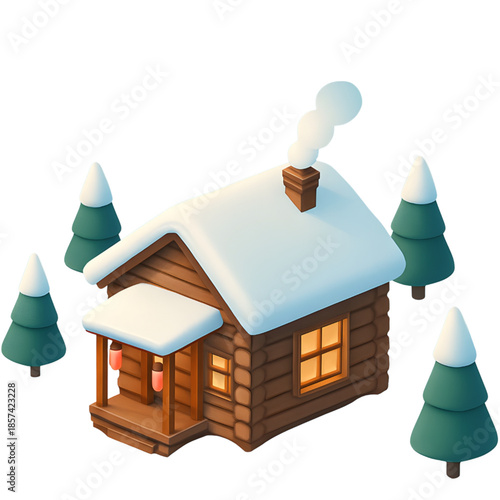Cozy wooden cabin nestled in a winter wonderland surrounded by snow-dusted pine trees, emanating warmth and holiday cheer