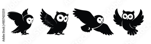 Collection of black owl silhouettes in various flight poses against a white background