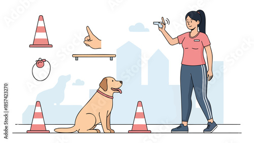 Woman training her dog with cones and treats in an urban setting