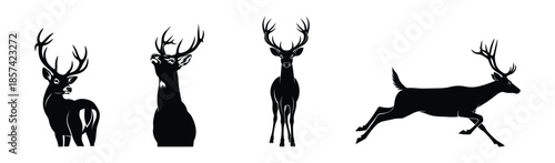 A set of silhouetted deer in various poses against a white background
