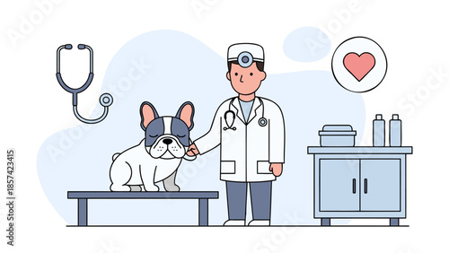 Veterinarian examining a pet dog on a medical table in a clinic with a stethoscope nearby and a cabinet with medical supplies