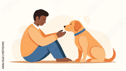 Man interacting with his dog in a serene environment
