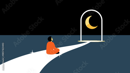 Serene figure meditating on a path towards a glowing crescent moon in a arched window against a dark night sky