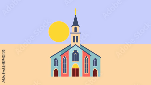 Pastoral Scene A Vibrant Church Building Bathed in the Warm Glow of a Setting Sun Against a Serene Sky