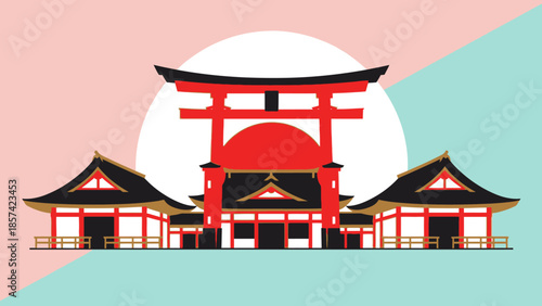 Traditional Japanese Temple Architecture Illustration with Torii Gate and Pagoda Roofs