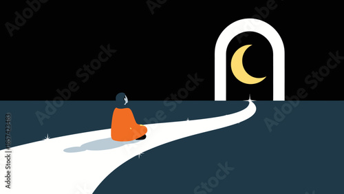 A solitary figure contemplates a luminous archway in the dark, symbolizing hope and new beginnings in a tranquil, dreamlike setting