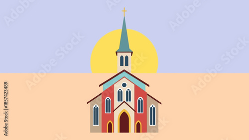Charming Illustration of a Church Building with a Steeple Against a Sunset Sky