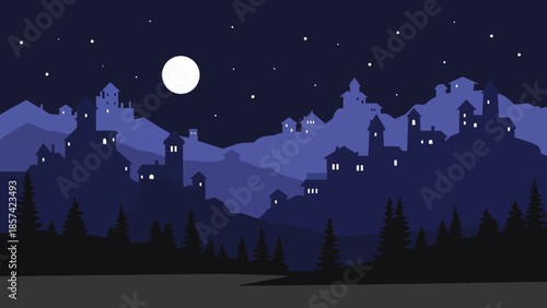 Enchanting Silhouette of a Mystical Village Nestled Amidst Moonlit Mountains Under a Starry Night Sky