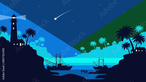 Serene coastal scene with lighthouse and fishing boats at dusk, tropical palm trees, and a shooting star