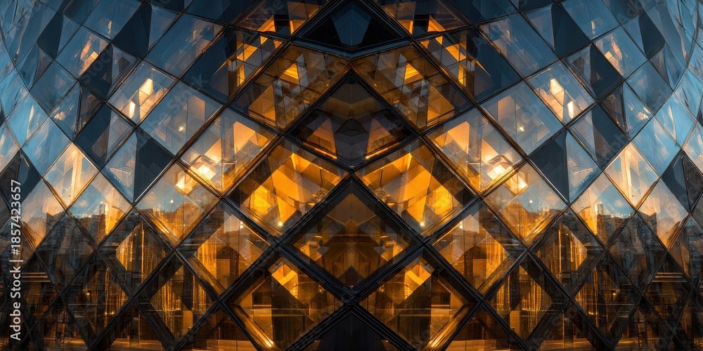 Fototapeta premium Symmetrical Geometric Glass Facade with Warm Orange Light Reflections