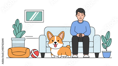 A man relaxing on a couch with his corgi in a cozy living room setting with plants around