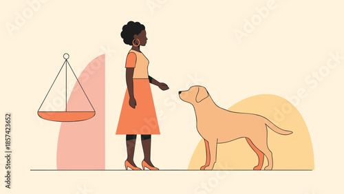 Woman weighing dog on a scale in a simple background