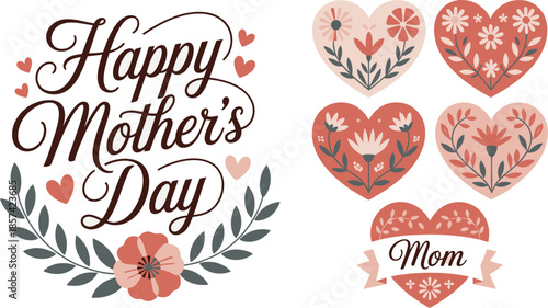 A beautiful Happy Mothers Day message encircled by a delicate floral wreath and various heart designs