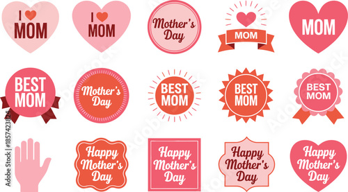 A charming collection of Mothers Day icons and badges in pink and red celebrating moms