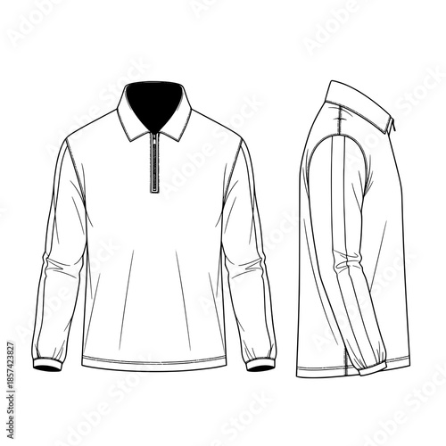 Men’s Long Sleeve Half Zip Polo Shirt Fashion Flat Sketch Vector