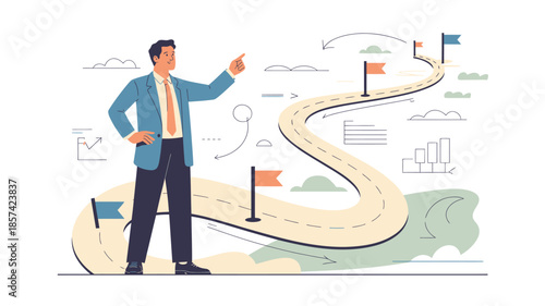 A businessman points forward along a winding road with flags marking milestones and data charts