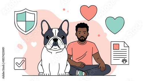 Man sitting with French Bulldog surrounded by pet care icons