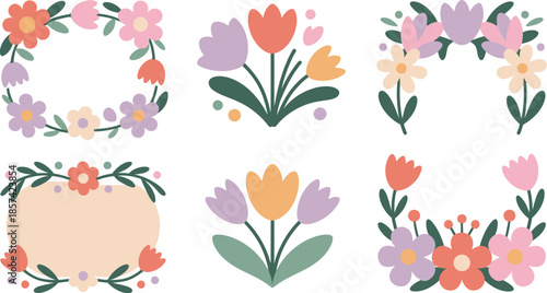 A charming collection of six diverse floral illustrations featuring pastel colored blossoms and green leaves