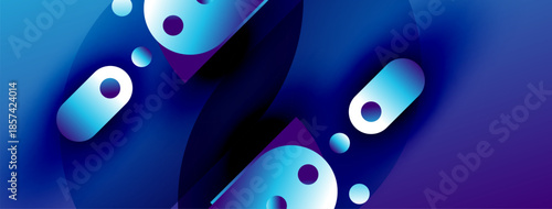 Abstract blue shapes overlap, creating dynamic composition. Smooth gradients suggest depth, movement, modern design aesthetic.