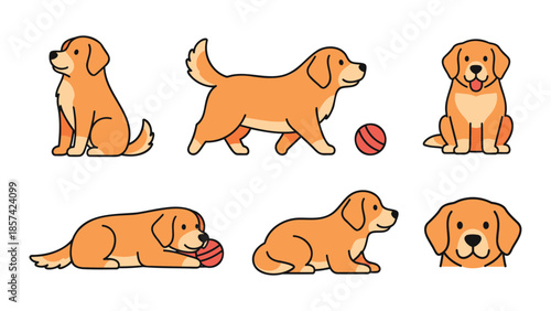 Collection of cartoon dogs playing with balls in various poses on a white background from multiple viewpoints