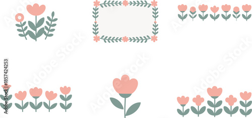 A collection of charming pink flowers and green leaves arranged in various decorative patterns and a framed border