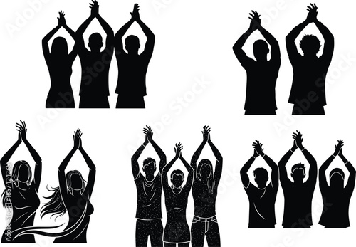 Group, celebration, unity, silhouette, people, raised hands, teamwork, joy, diversity, togetherness, clapping, event, performance, social, bonding, harmony, motion, community, expression, success