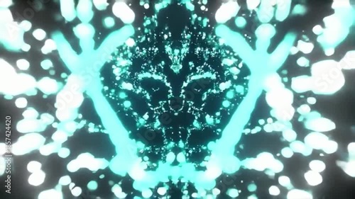 Abstract blue glowing face surrounded by light particles and bokeh effect.