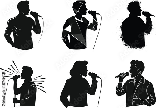 Singers with microphones, black and white silhouettes, vocal performance, artistic expression, music illustration, textured design, passion, sound, creativity