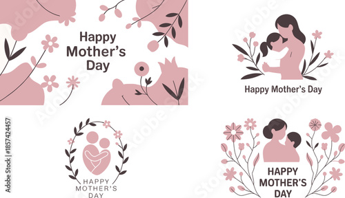 A collection of sweet minimalist Happy Mothers Day designs featuring mothers with their children and floral elements