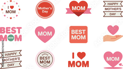 A collection of sweet Mothers Day themed graphics and labels with loving messages for moms