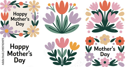 A collection of six lively Mothers Day designs showcasing colorful flowers and heartfelt greetings for celebration