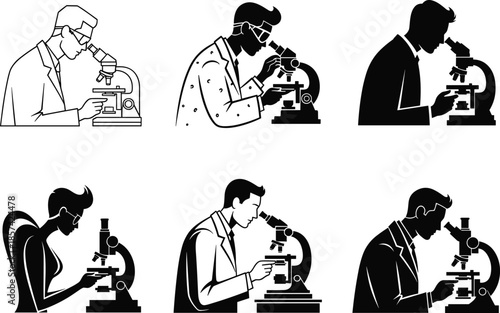 Microscope research diversity, scientists in lab coats, scientific illustration, laboratory work, science education, medical research, biology, chemistry, innovation, teamwork