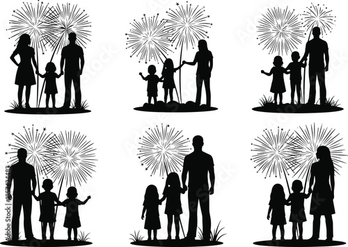 Family fireworks, festive celebration, silhouette scene, holiday joy, night sky, bonding moment, vector design, black figures, starburst, togetherness