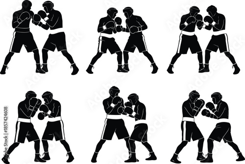 Boxing silhouettes, fighter stances, combat poses, martial arts, sparring action, athletic training, sports illustration, black figures, gloves raised, dynamic movement