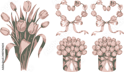 A delicate collection of muted pink tulip bouquets and heart shaped garlands tied with ribbons