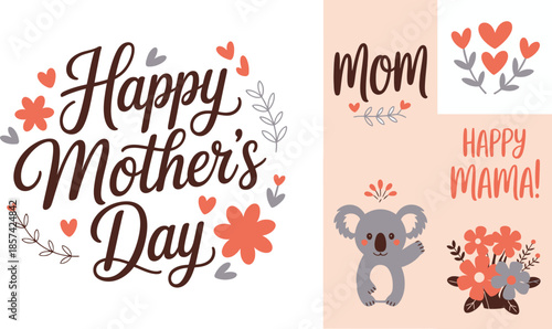 A delightful collection of Mothers Day designs featuring cheerful koalas and beautiful floral typography