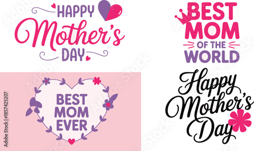 A diverse set of heartwarming Mothers Day greetings with elegant typography, lovely hearts, and royal crown accents