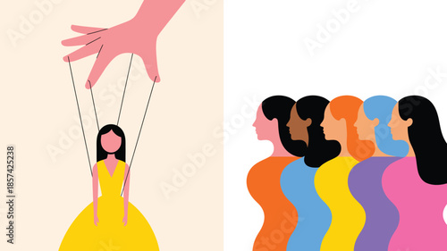 A hand controls a female puppet with strings, presented beside a colorful lineup of diverse women