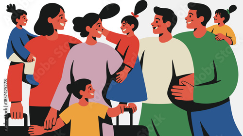 A happy diverse crowd of families and children standing together with travel bags