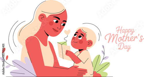 A happy mother holds her child who is offering a thoughtful gift box for Happy Mothers Day