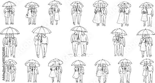 Black and White Line Art of Couples Holding Umbrellas, Romantic, Relationship, Outdoor, Walk