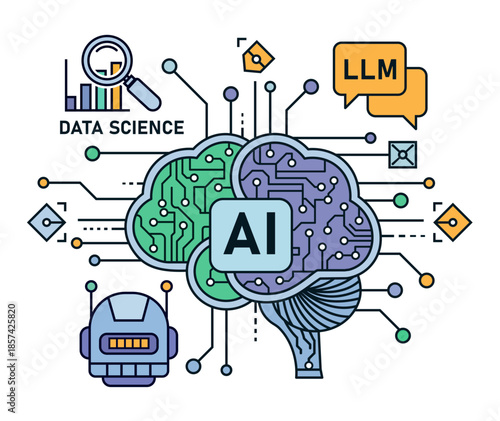 Artificial Intelligence Data Science Concept with AI Brain Neural Network Machine Learning and LLM Technology