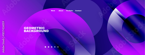 Abstract purple fluid shapes form dynamic background. Text elements present work, about, portfolio, contact options. Dots indicate navigation.