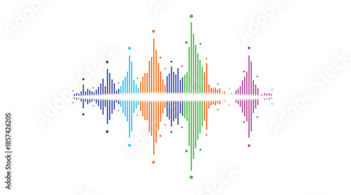 Vibrant sound wave visualization with multiple colored audio spectrums, ideal for technology and music themes.